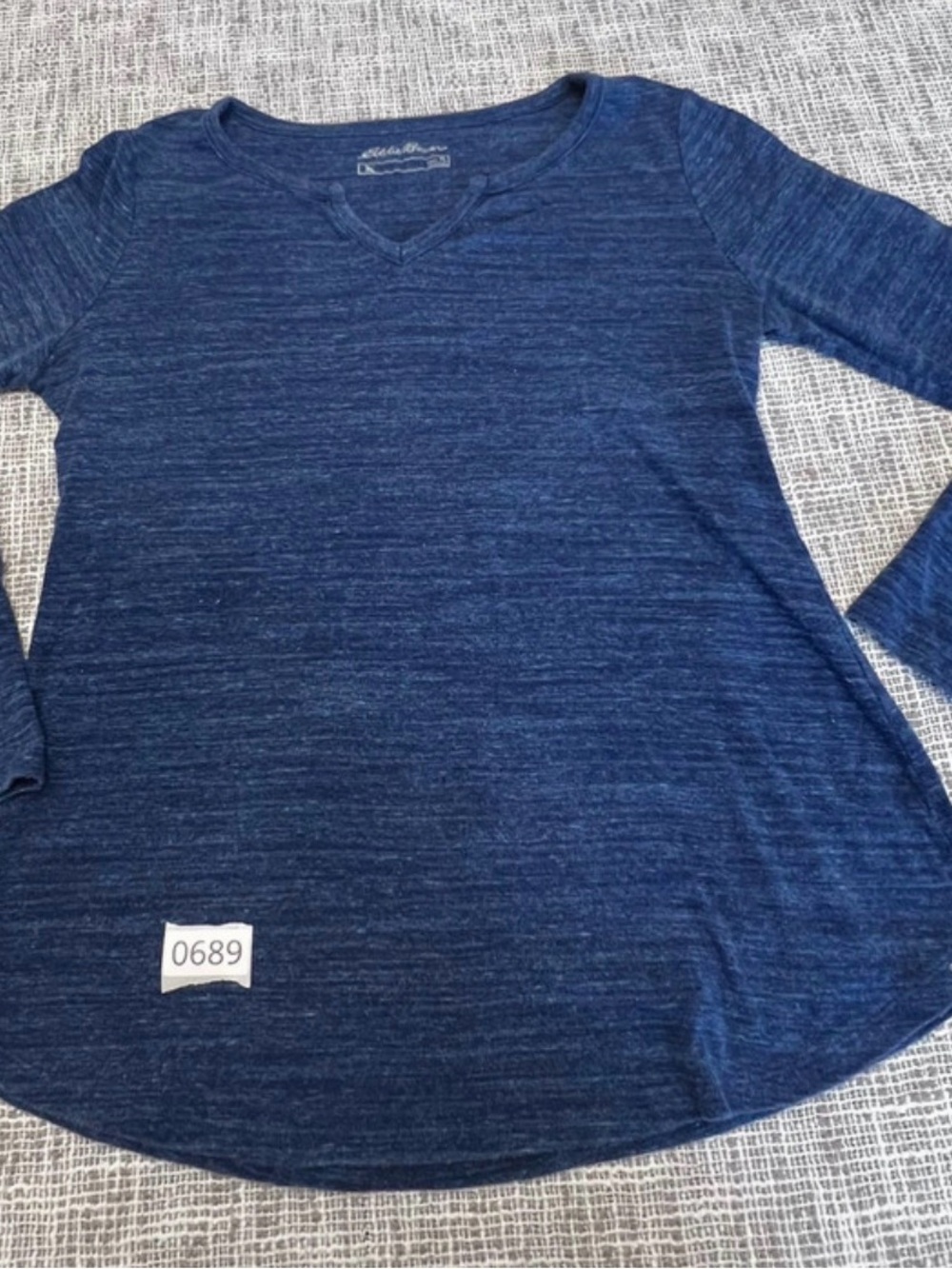 Eddie Bauer Heathered Dark Blue V-Neck Long Sleeve Top